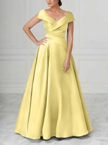 V-Neck Satin A-Line Mother of the Bride Dresses with Ruched Princess Details