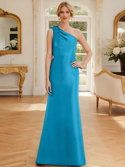 One-Shoulder Sleeveless Satin Mother of the Bride Dress with Bowknot Sheath/Column