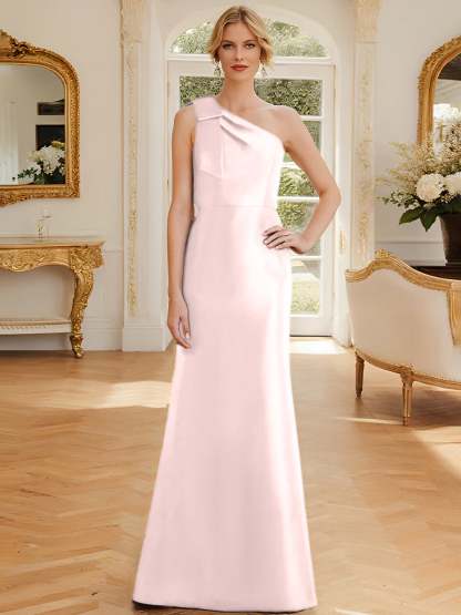One-Shoulder Sleeveless Satin Mother of the Bride Dress with Bowknot Sheath/Column