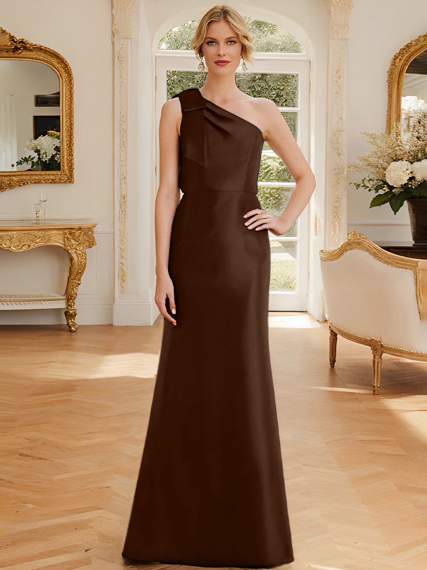 One-Shoulder Sleeveless Satin Mother of the Bride Dress with Bowknot Sheath/Column