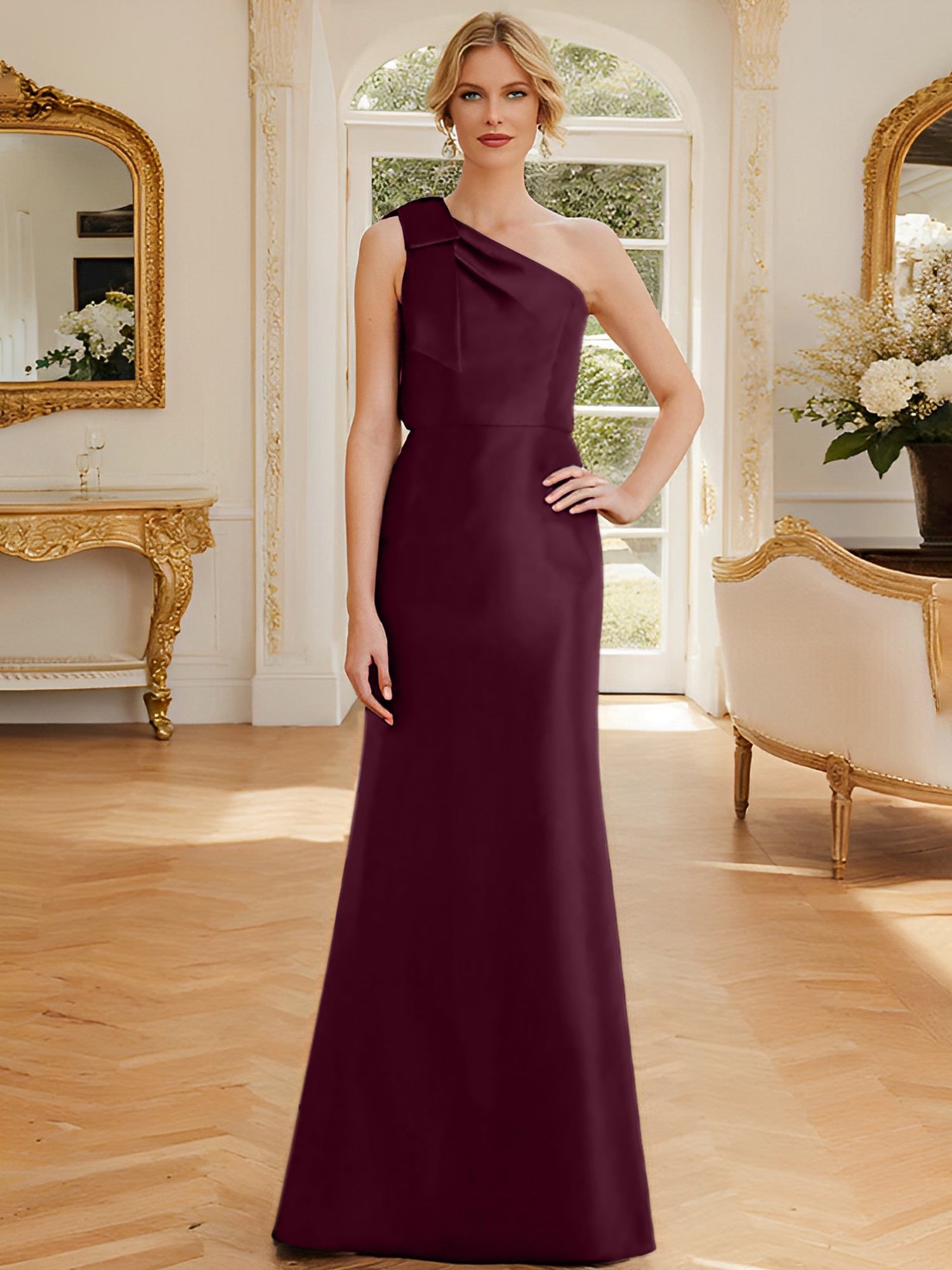 One-Shoulder Sleeveless Satin Mother of the Bride Dress with Bowknot Sheath/Column
