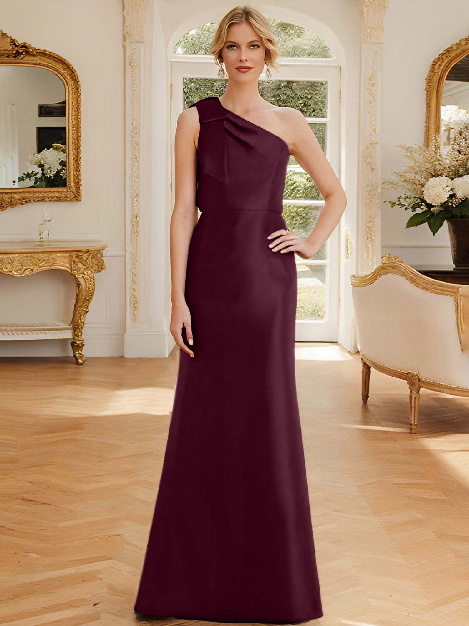 One-Shoulder Sleeveless Satin Mother of the Bride Dress with Bowknot Sheath/Column
