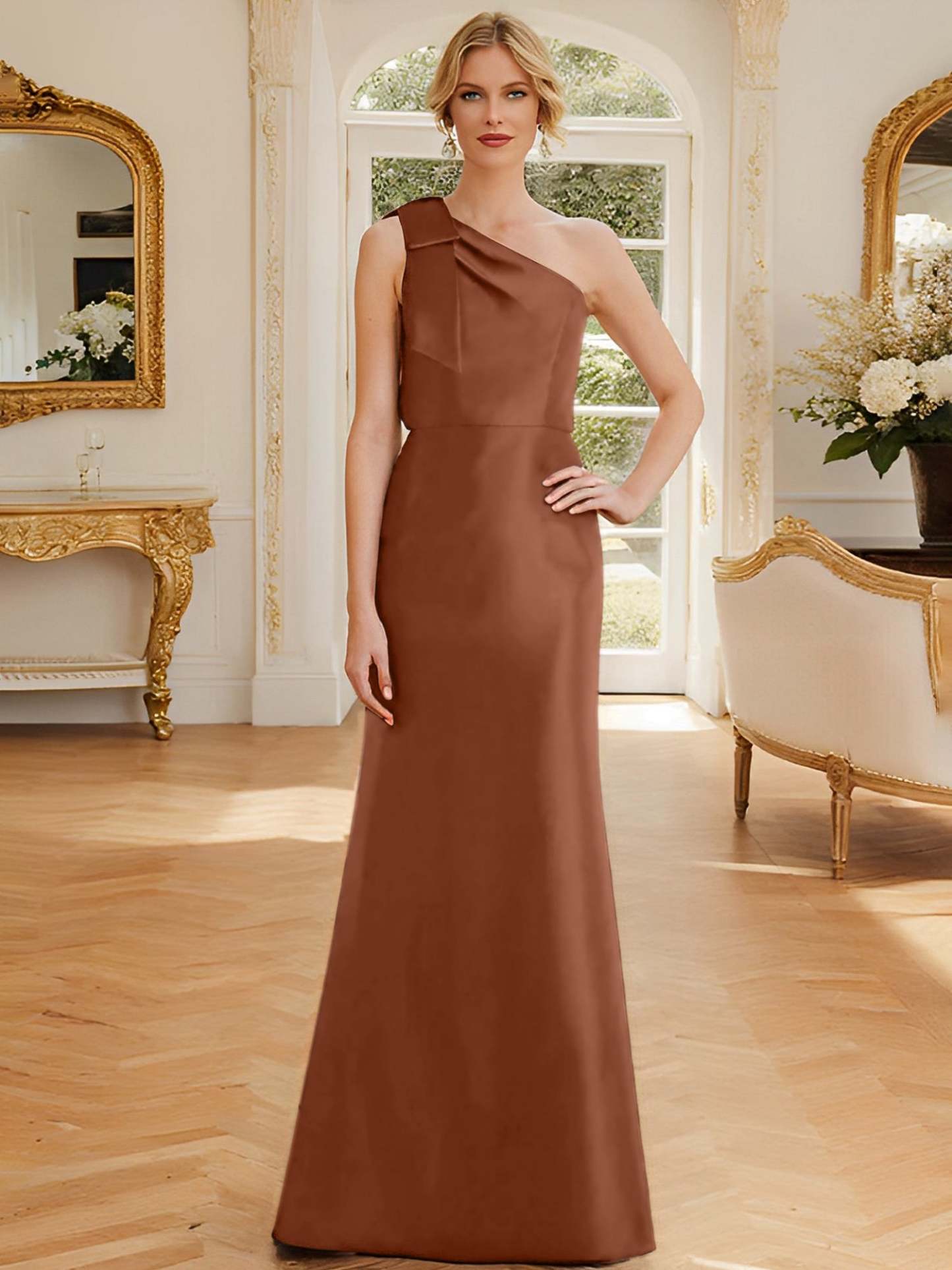One-Shoulder Sleeveless Satin Mother of the Bride Dress with Bowknot Sheath/Column