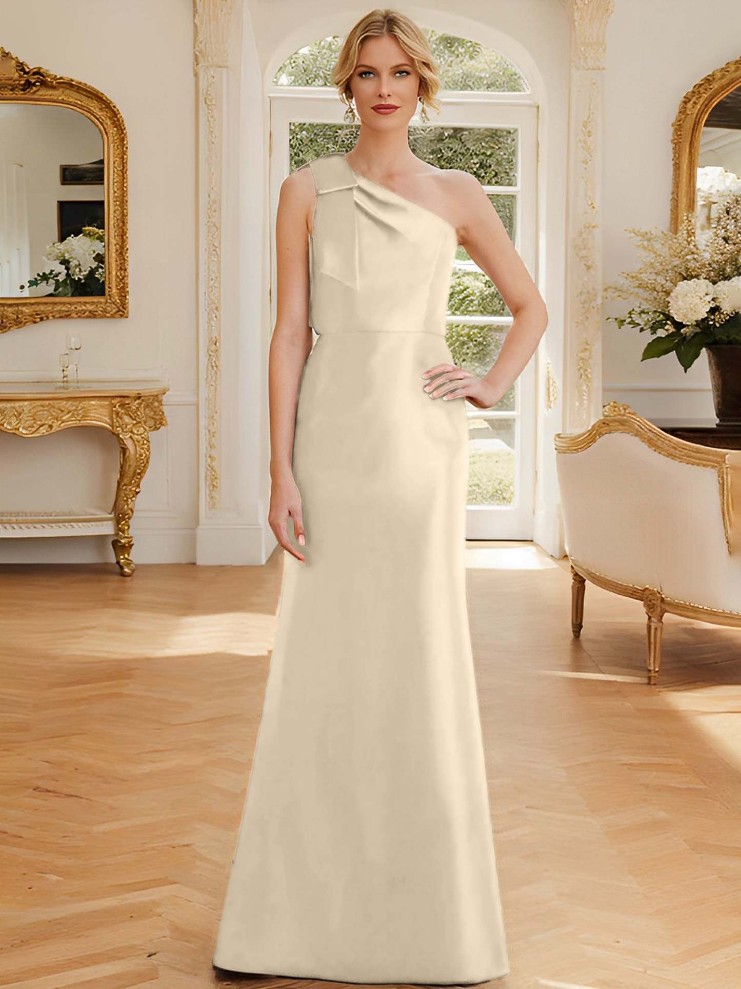 One-Shoulder Sleeveless Satin Mother of the Bride Dress with Bowknot Sheath/Column