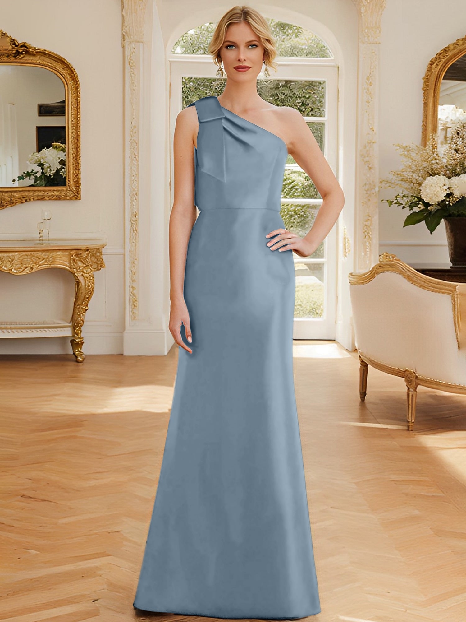 One-Shoulder Sleeveless Satin Mother of the Bride Dress with Bowknot Sheath/Column