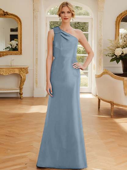 One-Shoulder Sleeveless Satin Mother of the Bride Dress with Bowknot Sheath/Column