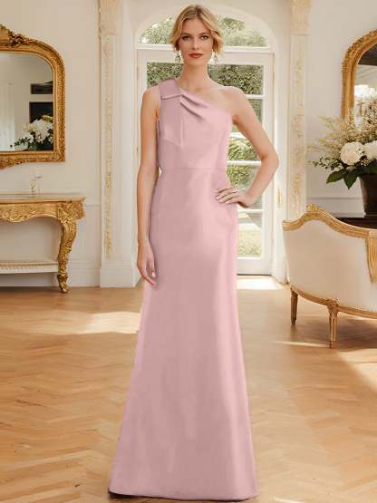 One-Shoulder Sleeveless Satin Mother of the Bride Dress with Bowknot Sheath/Column