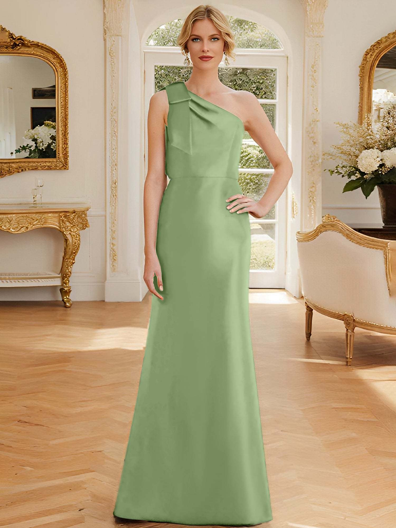 One-Shoulder Sleeveless Satin Mother of the Bride Dress with Bowknot Sheath/Column