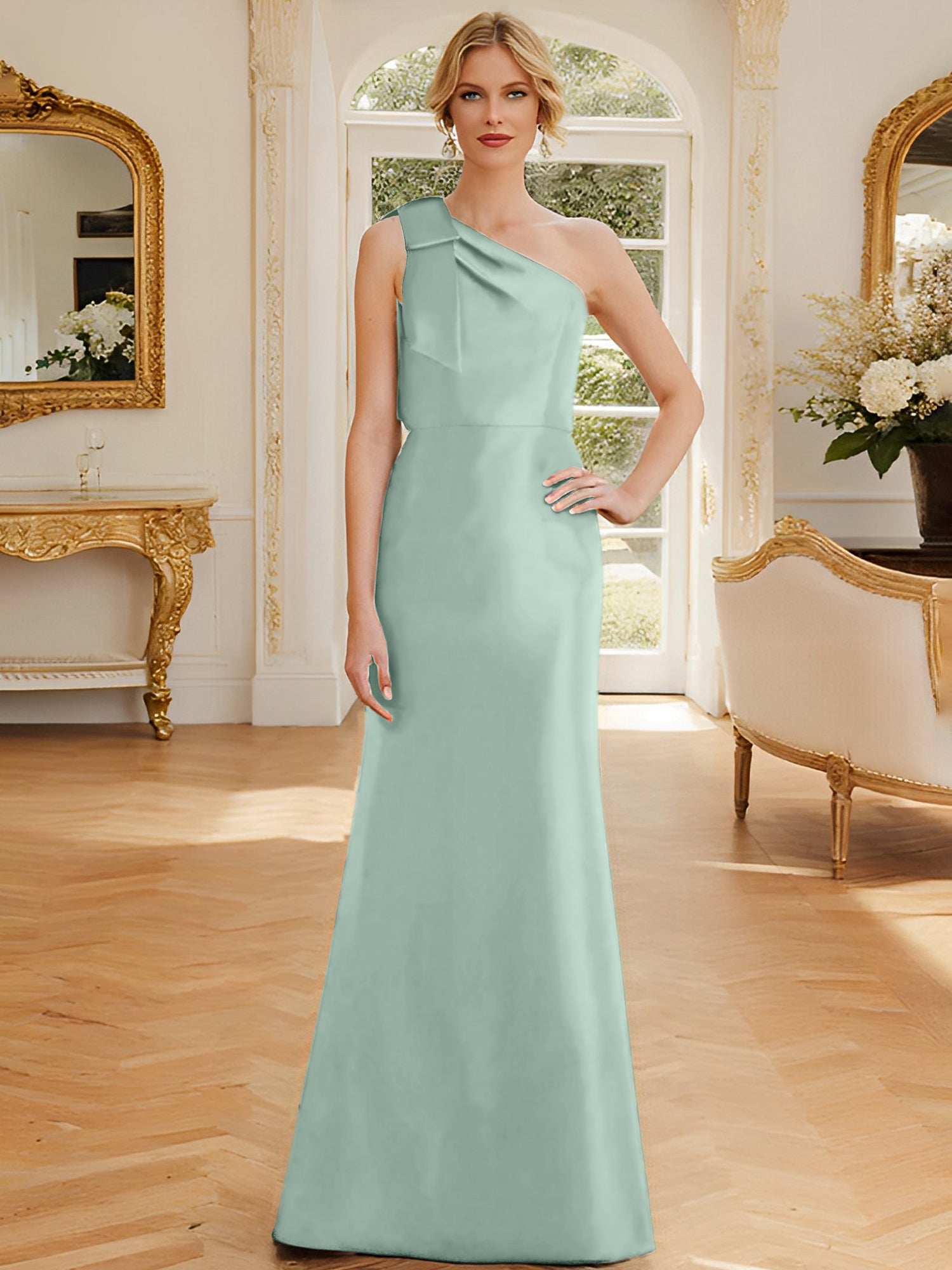 One-Shoulder Sleeveless Satin Mother of the Bride Dress with Bowknot Sheath/Column