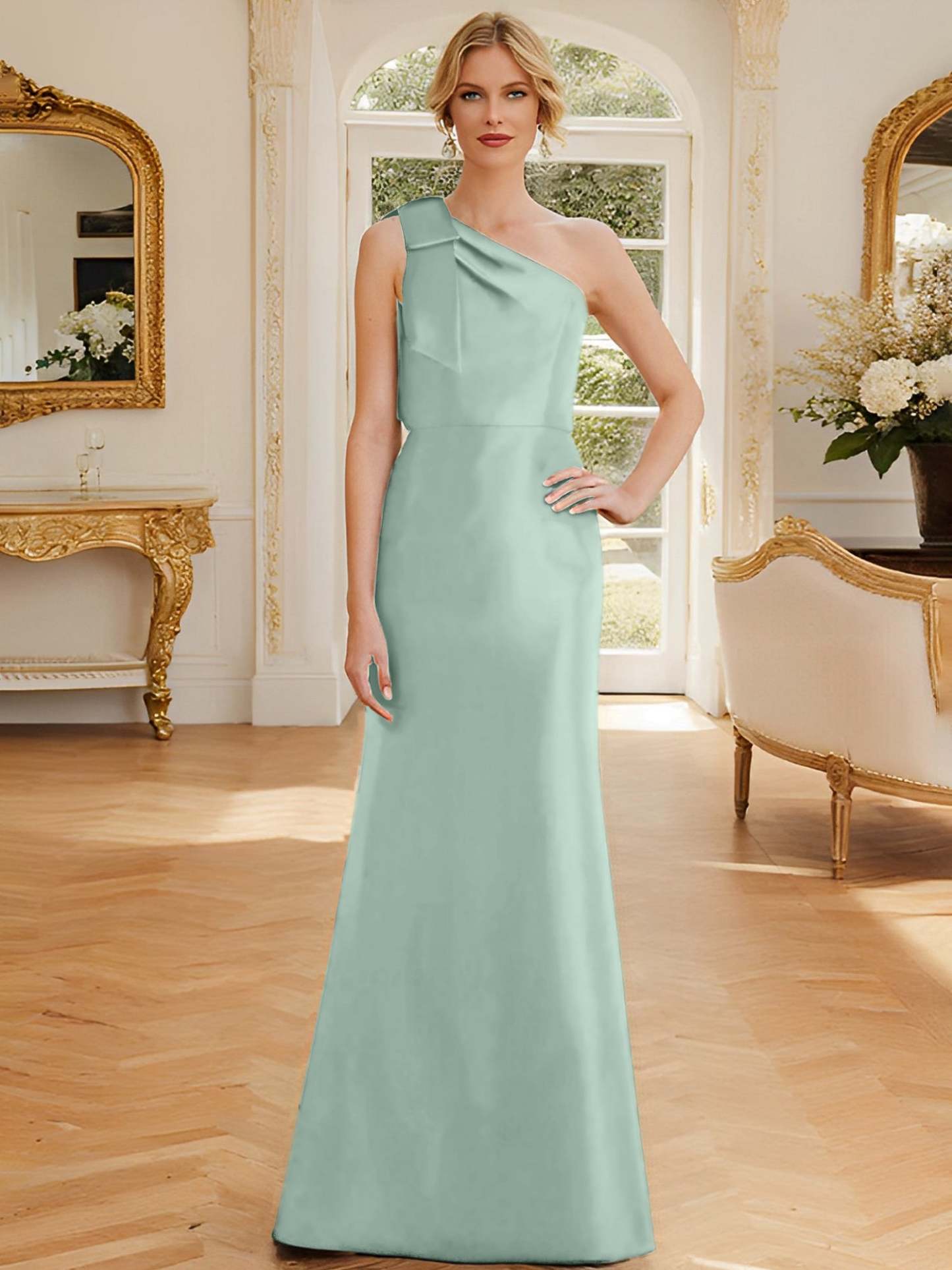 One-Shoulder Sleeveless Satin Mother of the Bride Dress with Bowknot Sheath/Column