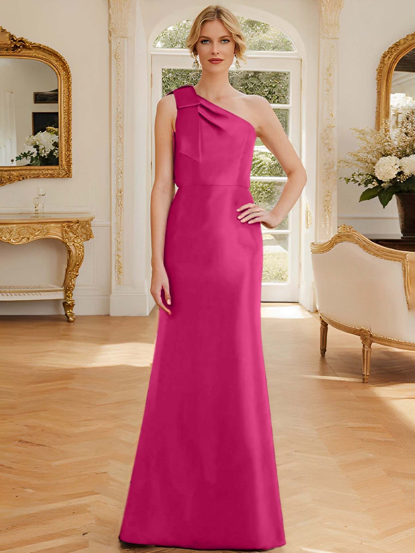 One-Shoulder Sleeveless Satin Mother of the Bride Dress with Bowknot Sheath/Column