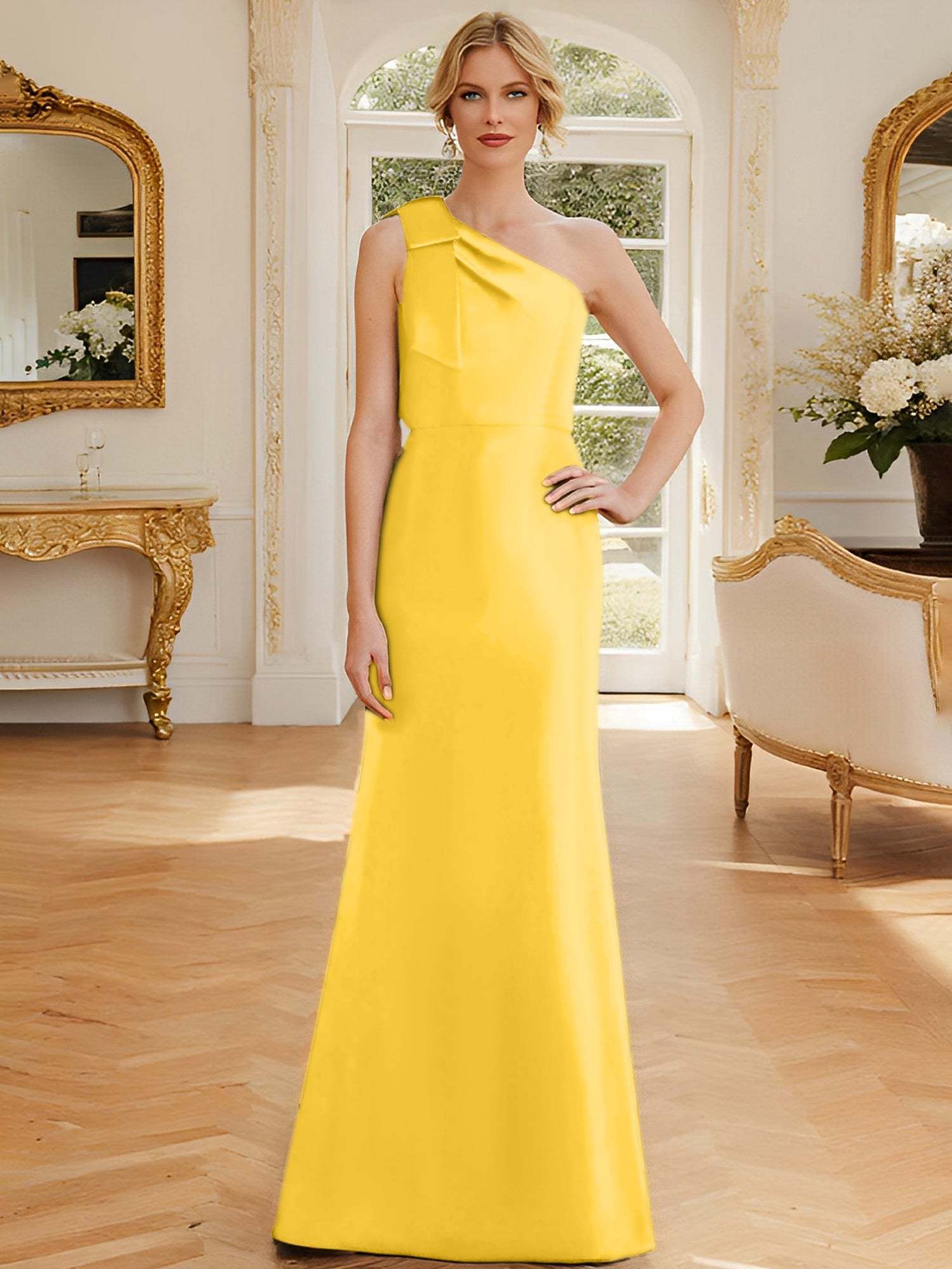 One-Shoulder Sleeveless Satin Mother of the Bride Dress with Bowknot Sheath/Column