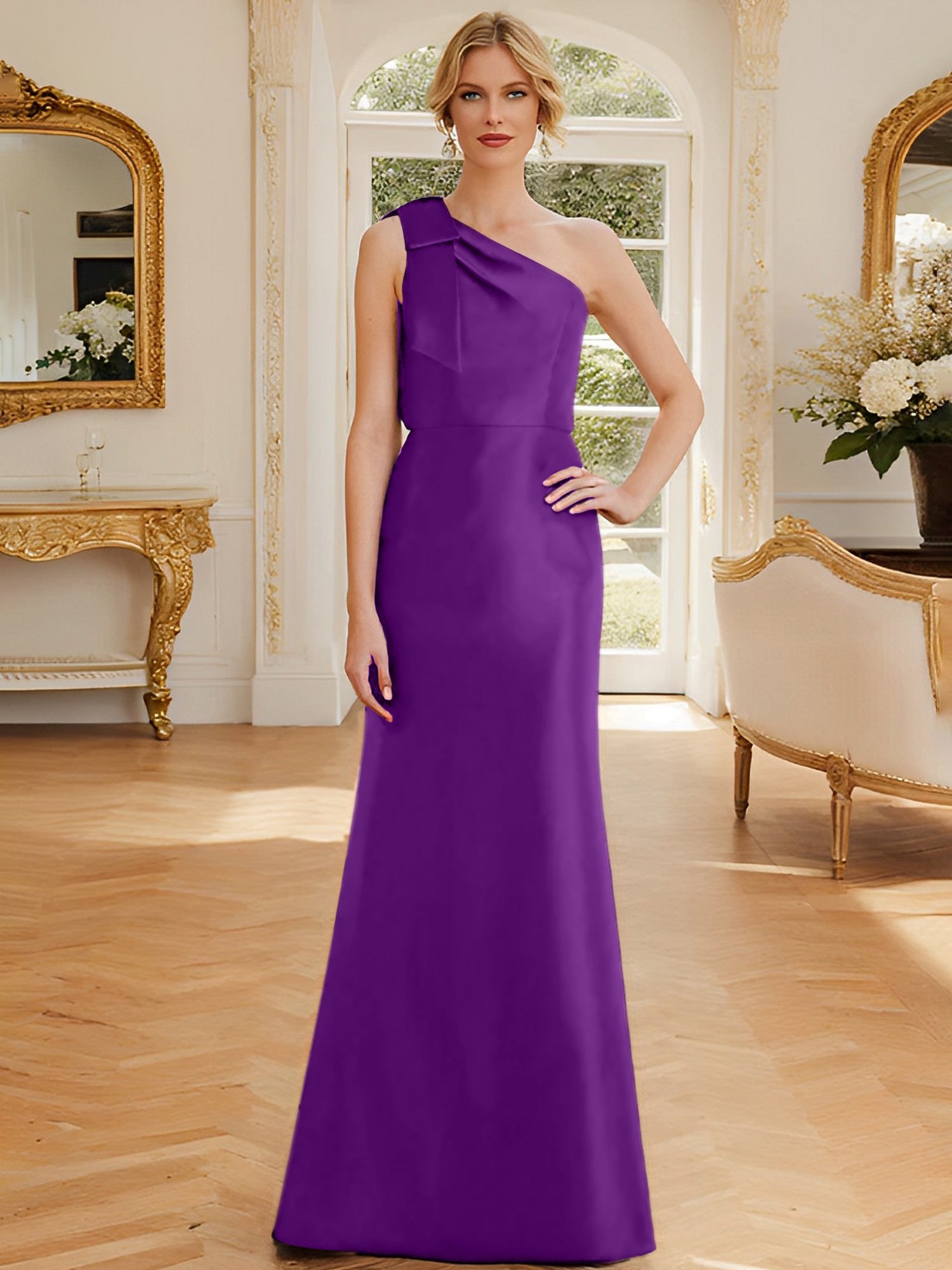 One-Shoulder Sleeveless Satin Mother of the Bride Dress with Bowknot Sheath/Column