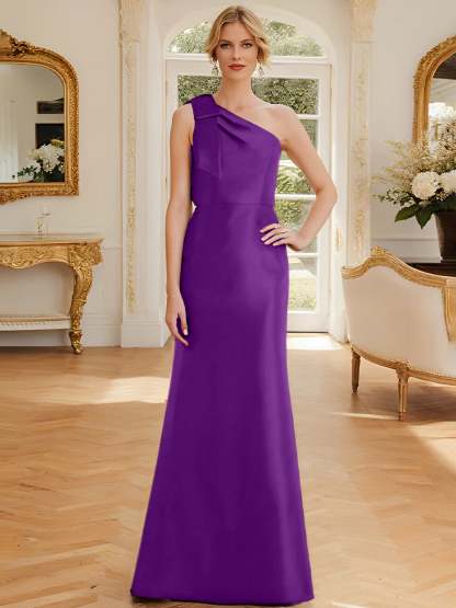One-Shoulder Sleeveless Satin Mother of the Bride Dress with Bowknot Sheath/Column