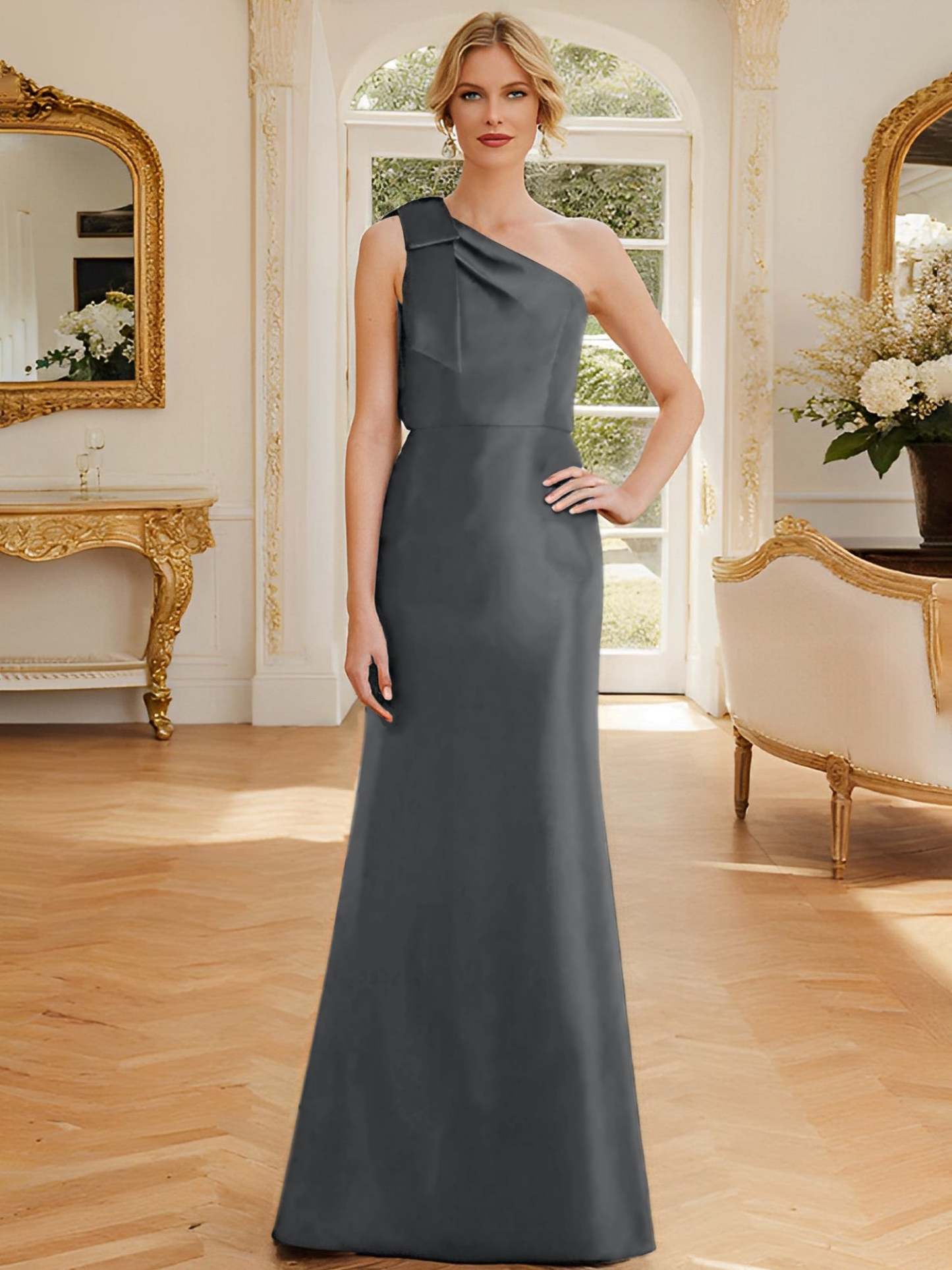 One-Shoulder Sleeveless Satin Mother of the Bride Dress with Bowknot Sheath/Column