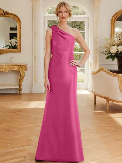 One-Shoulder Sleeveless Satin Mother of the Bride Dress with Bowknot Sheath/Column