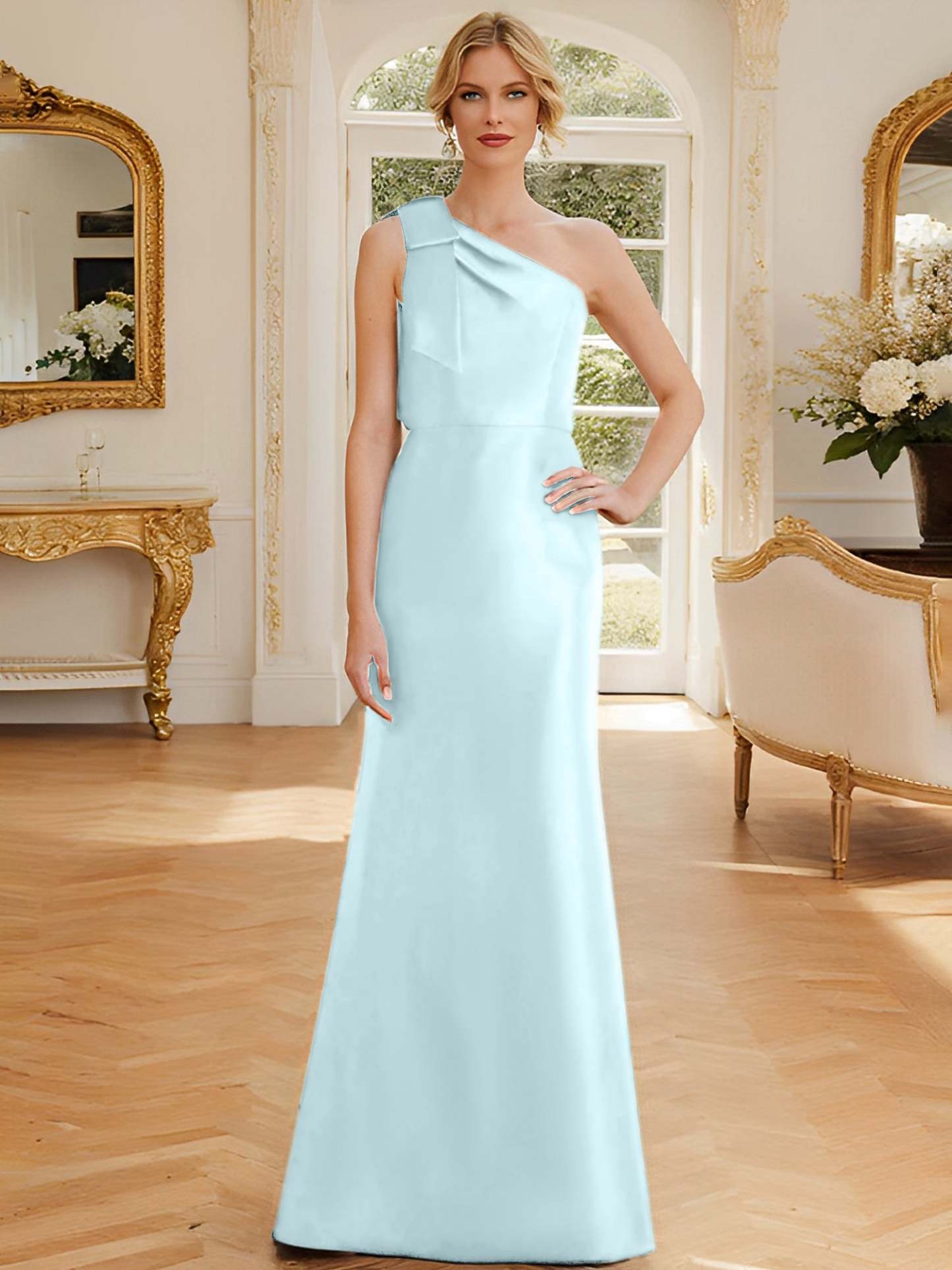 One-Shoulder Sleeveless Satin Mother of the Bride Dress with Bowknot Sheath/Column