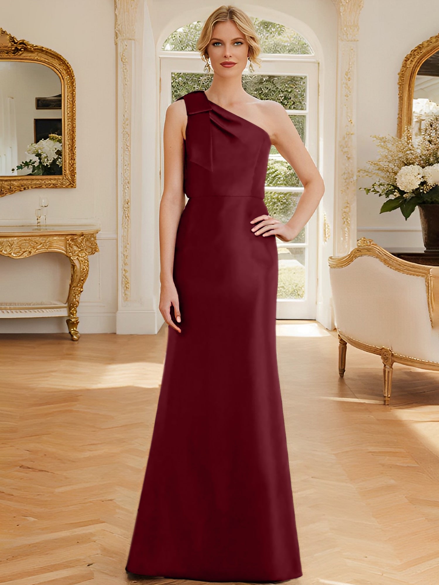 One-Shoulder Sleeveless Satin Mother of the Bride Dress with Bowknot Sheath/Column