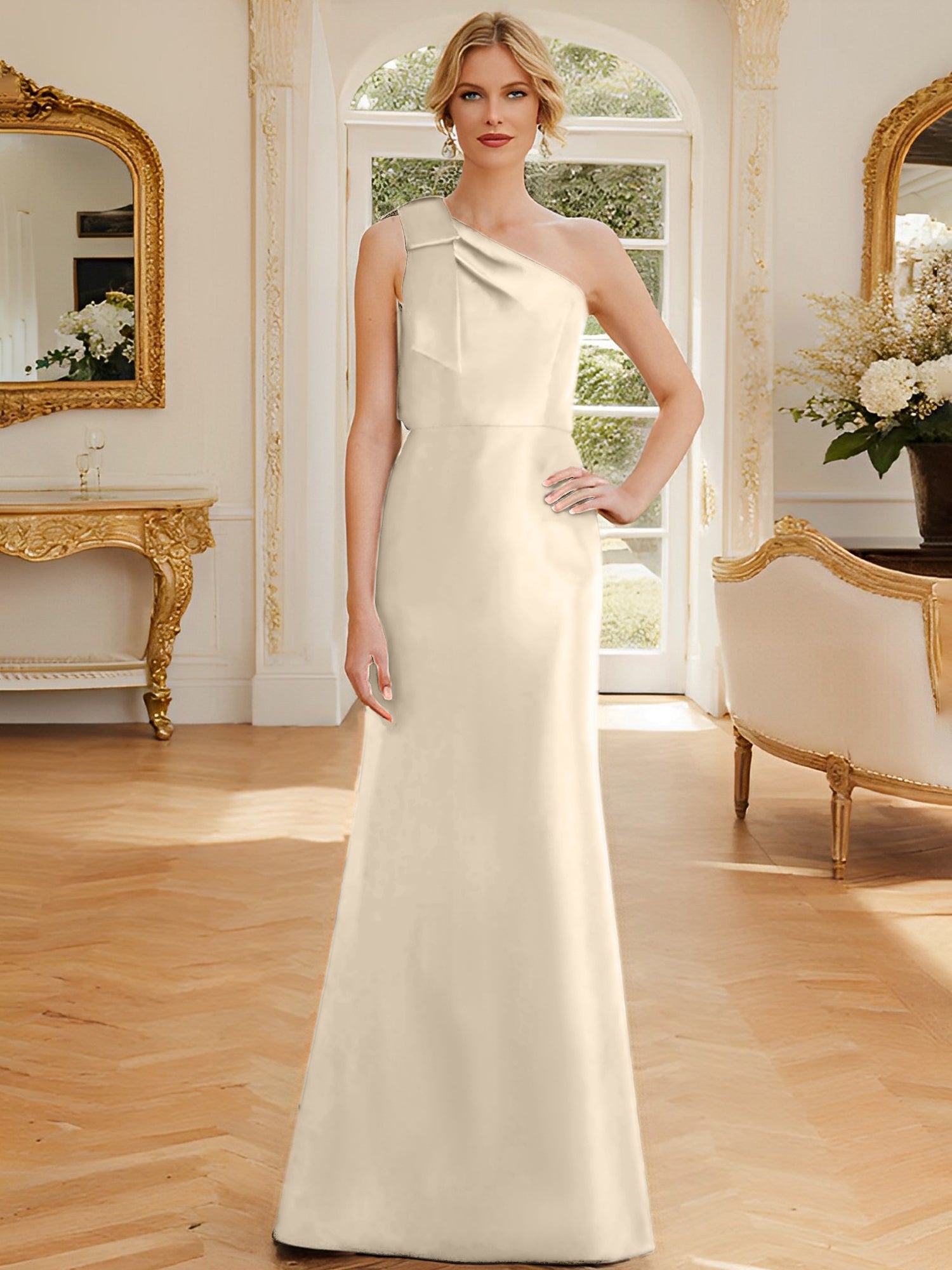 One-Shoulder Sleeveless Satin Mother of the Bride Dress with Bowknot Sheath/Column