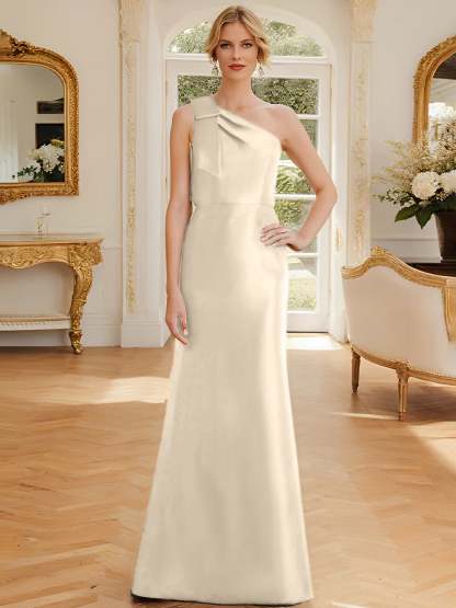 One-Shoulder Sleeveless Satin Mother of the Bride Dress with Bowknot Sheath/Column