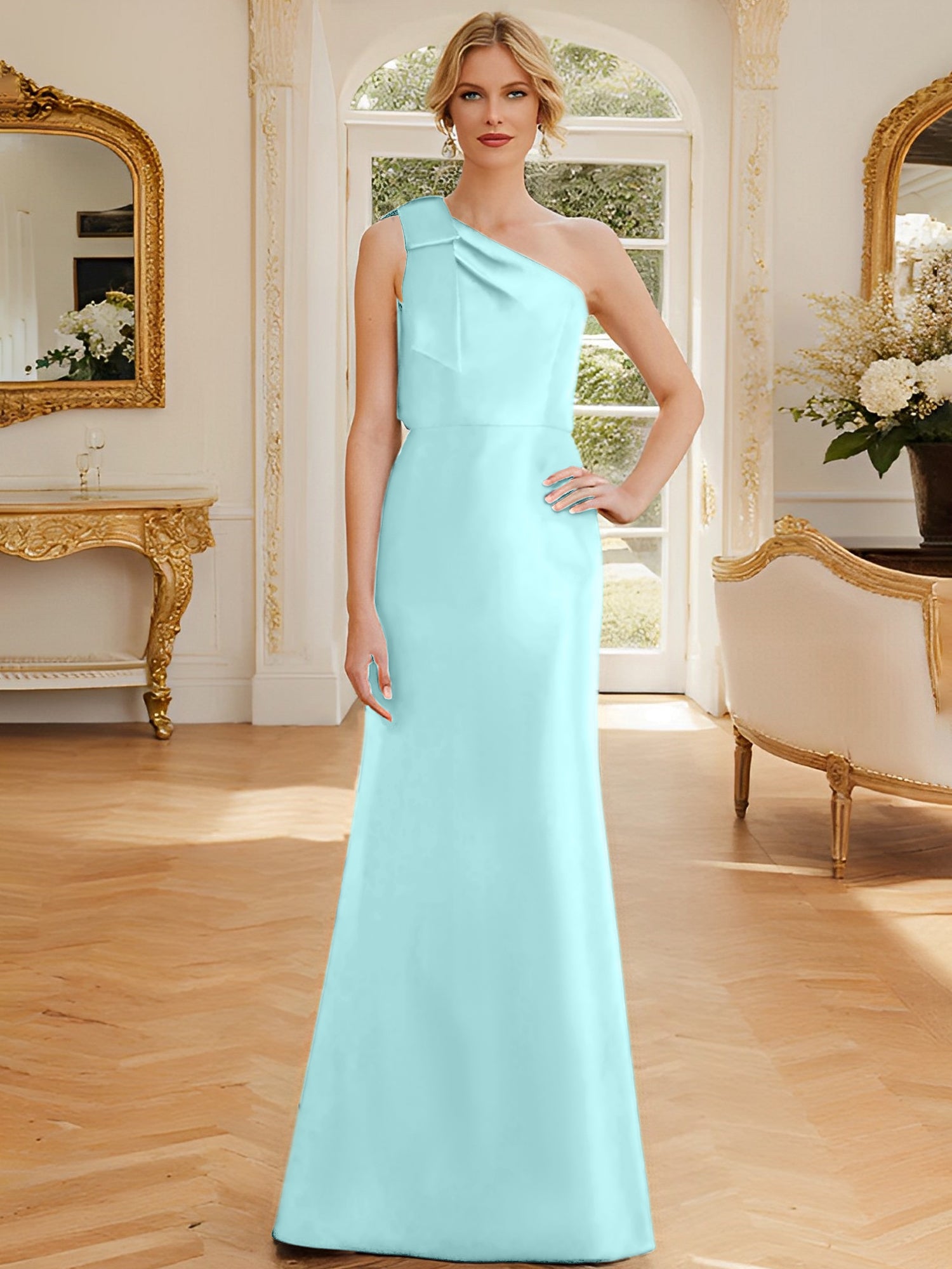 One-Shoulder Sleeveless Satin Mother of the Bride Dress with Bowknot Sheath/Column
