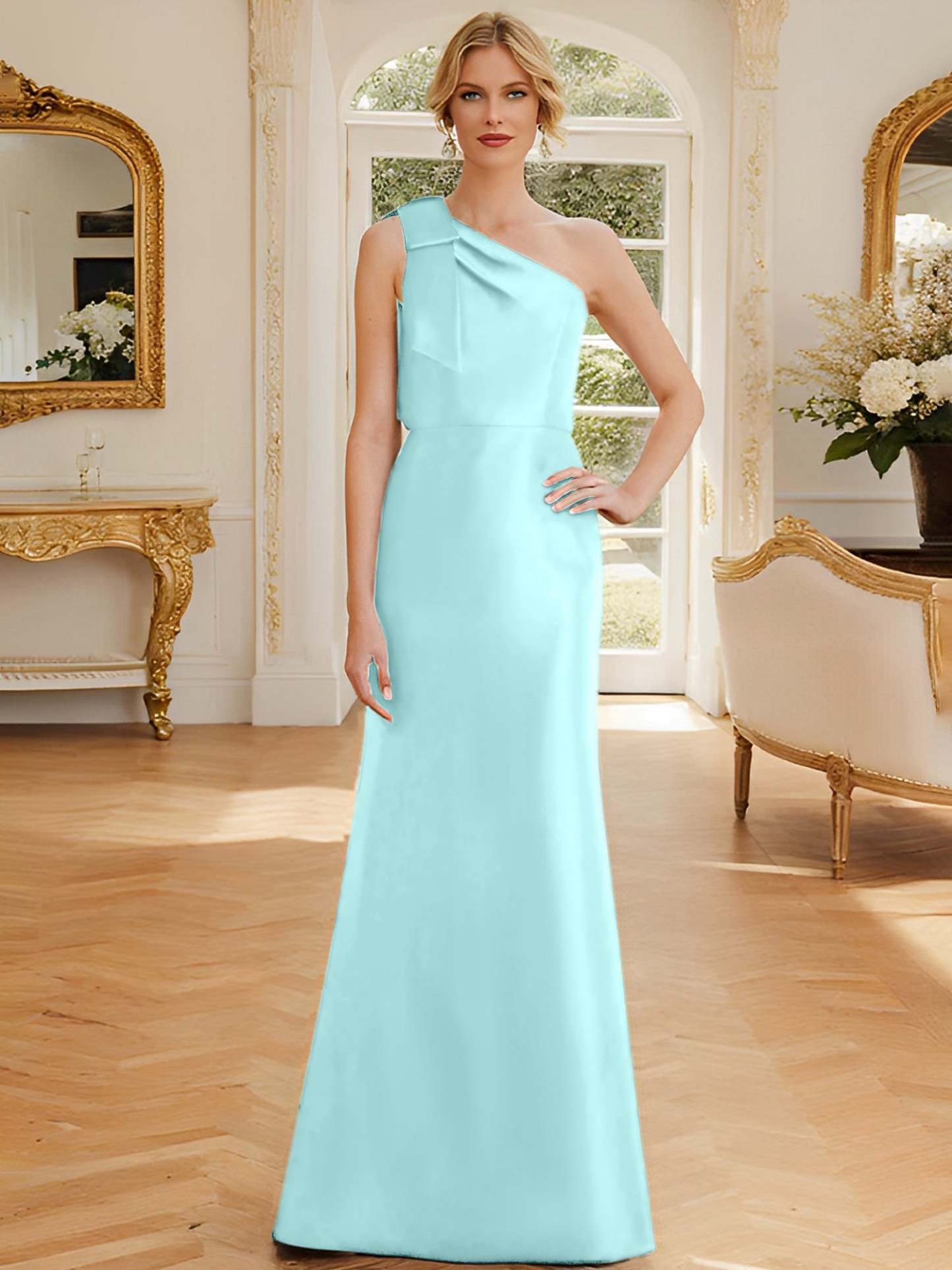 One-Shoulder Sleeveless Satin Mother of the Bride Dress with Bowknot Sheath/Column