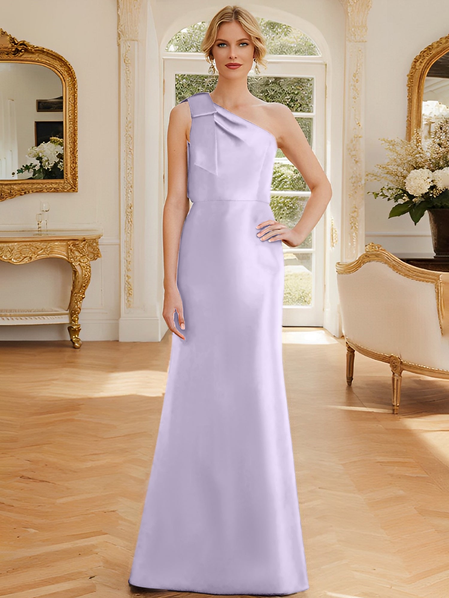 One-Shoulder Sleeveless Satin Mother of the Bride Dress with Bowknot Sheath/Column