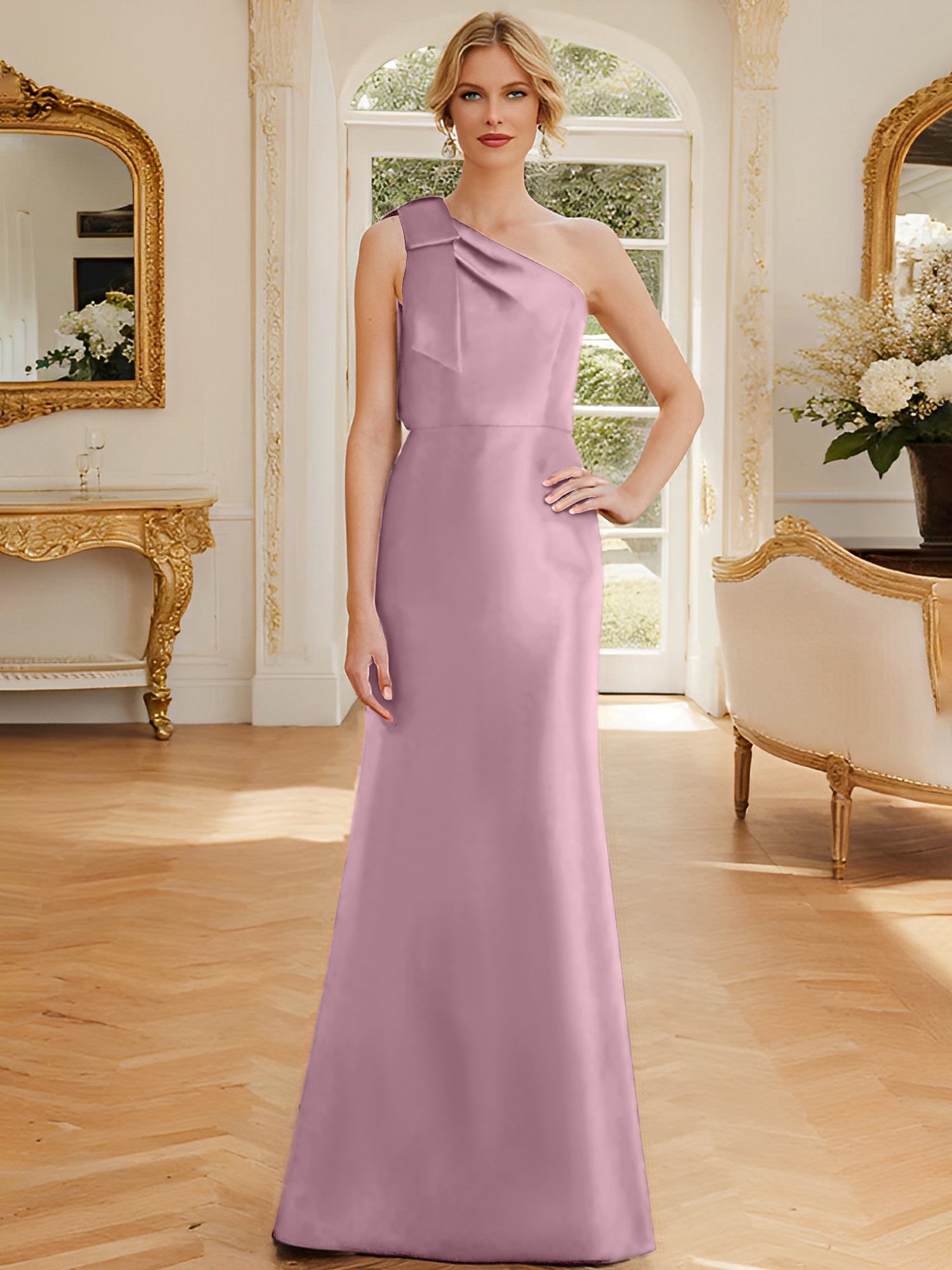 One-Shoulder Sleeveless Satin Mother of the Bride Dress with Bowknot Sheath/Column