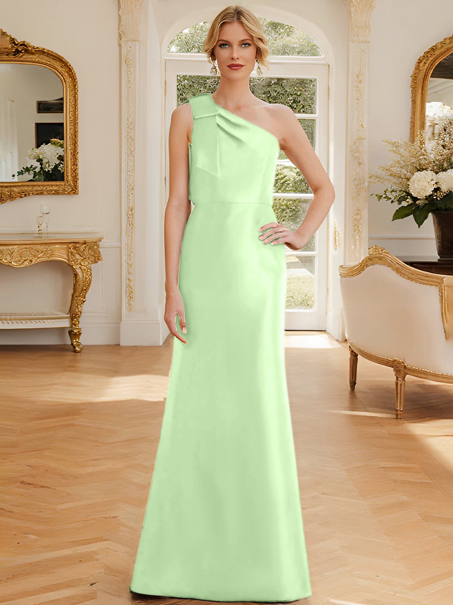 One-Shoulder Sleeveless Satin Mother of the Bride Dress with Bowknot Sheath/Column