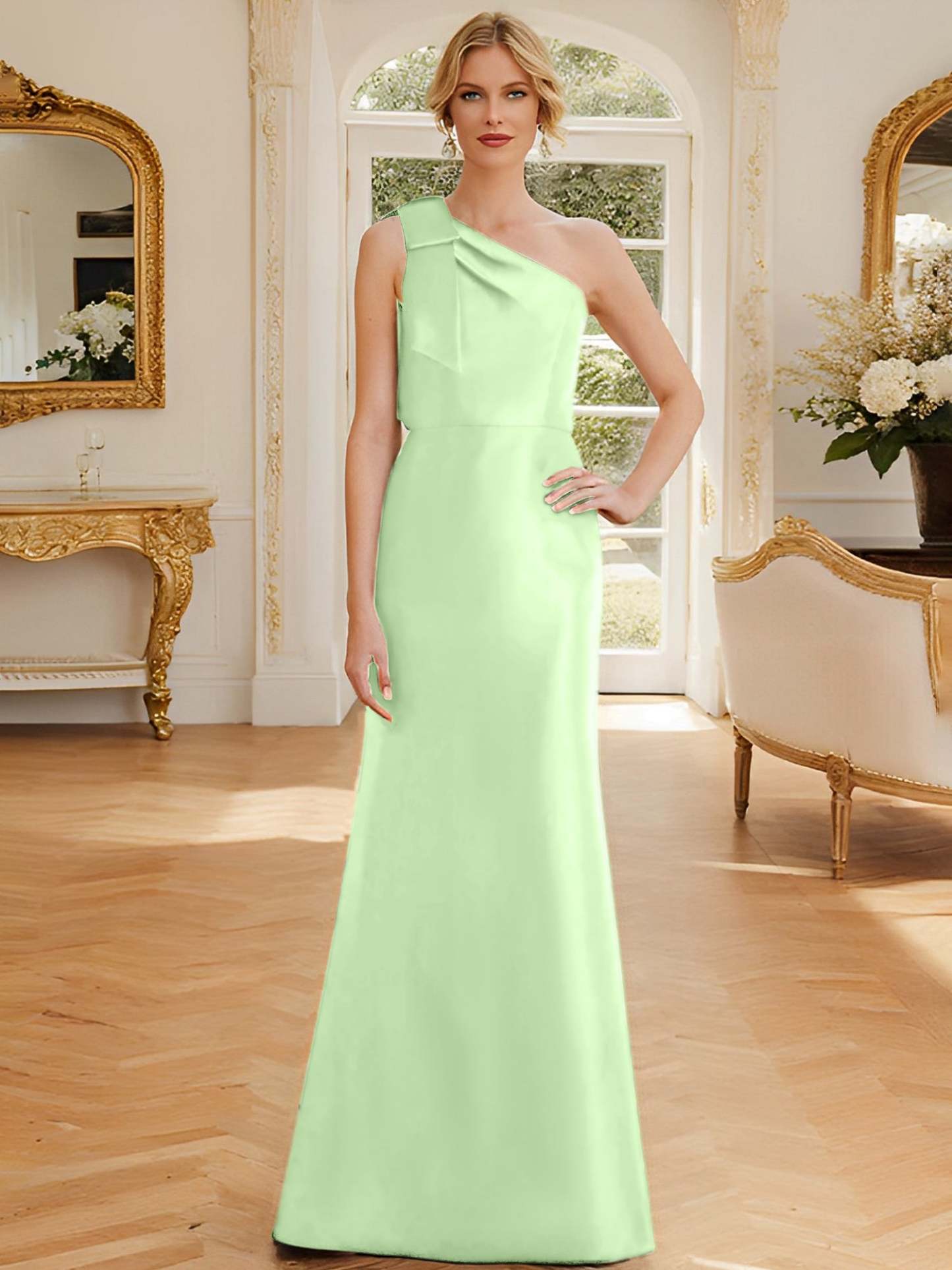 One-Shoulder Sleeveless Satin Mother of the Bride Dress with Bowknot Sheath/Column