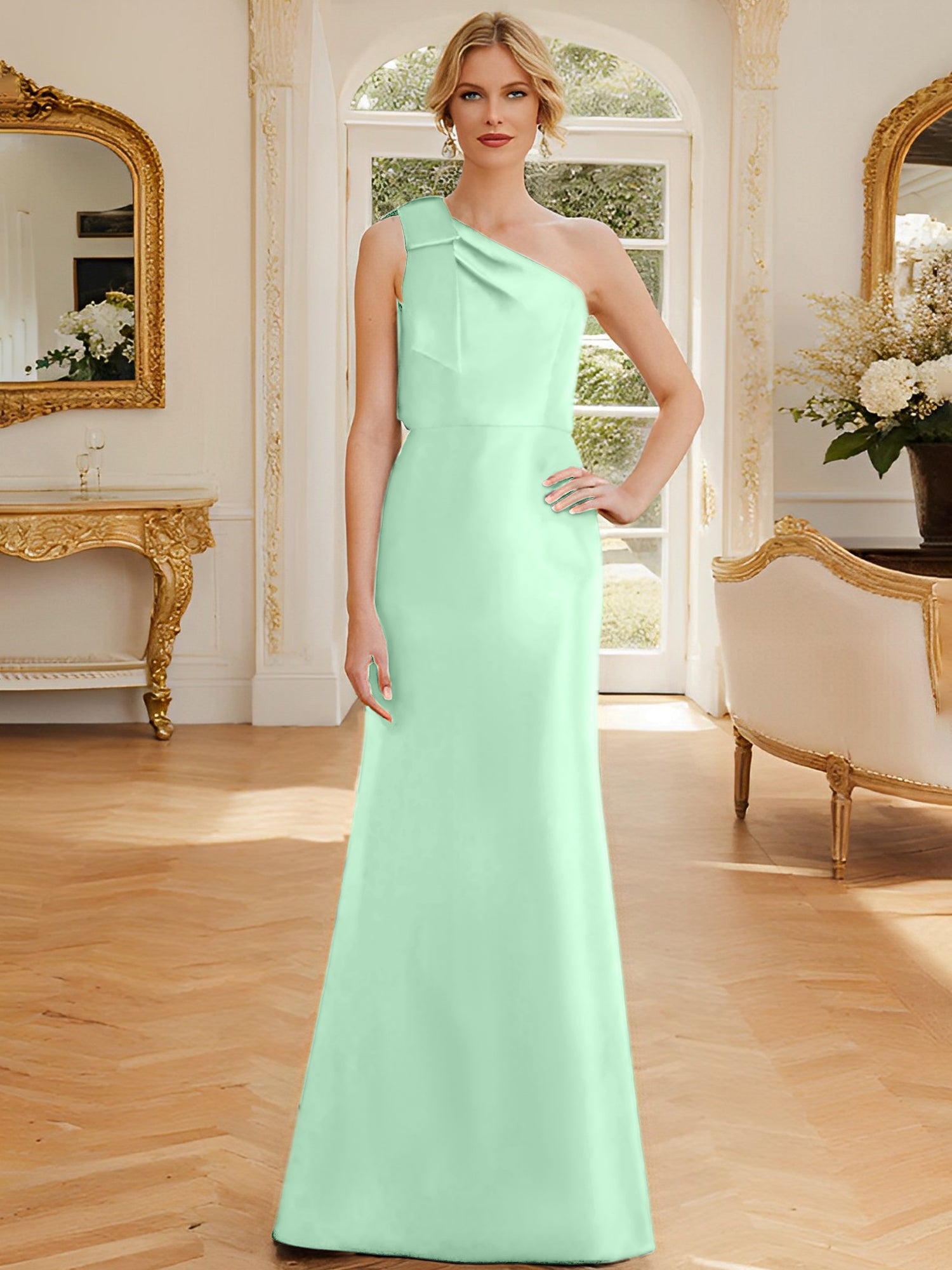 One-Shoulder Sleeveless Satin Mother of the Bride Dress with Bowknot Sheath/Column