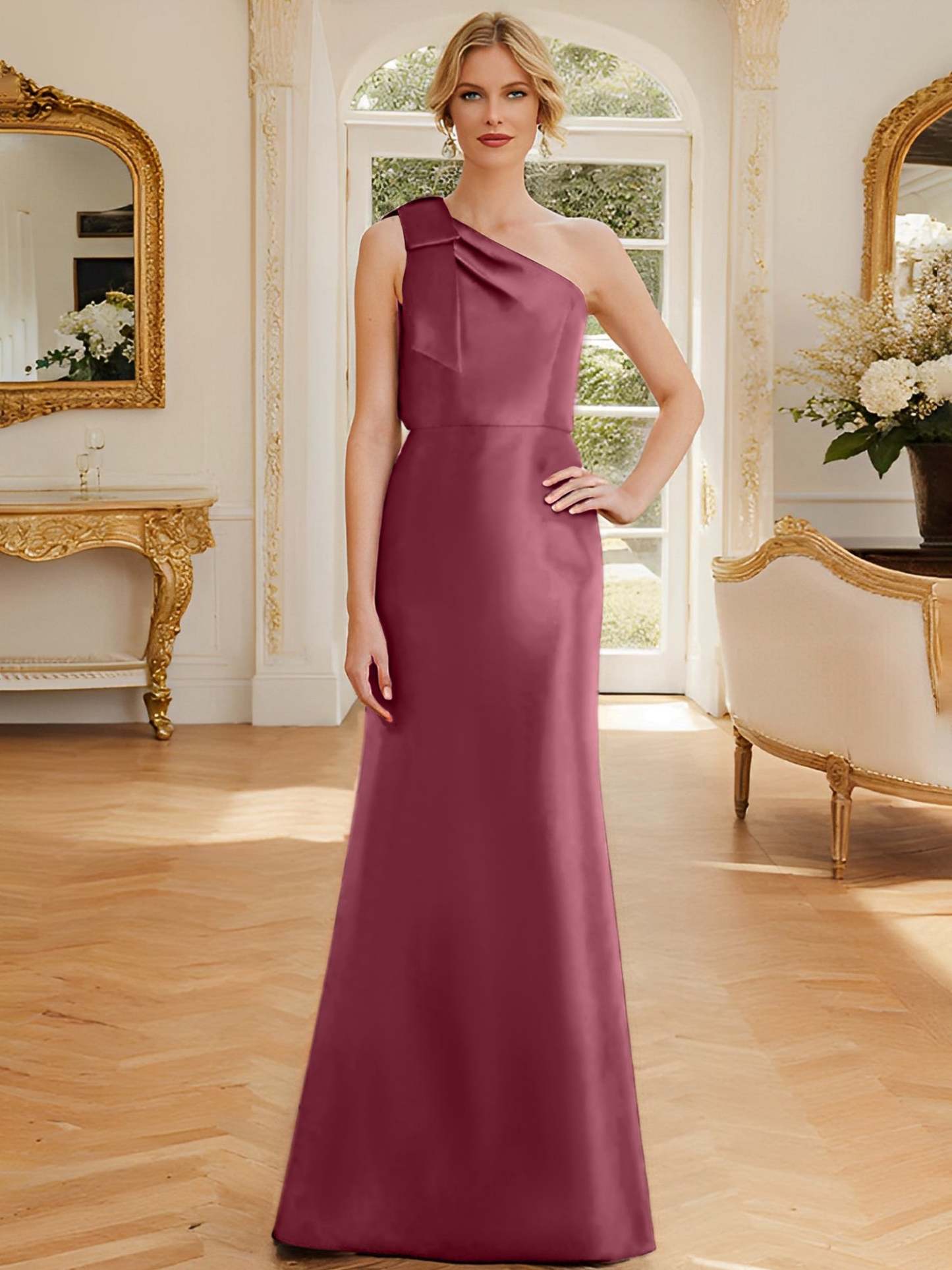 One-Shoulder Sleeveless Satin Mother of the Bride Dress with Bowknot Sheath/Column