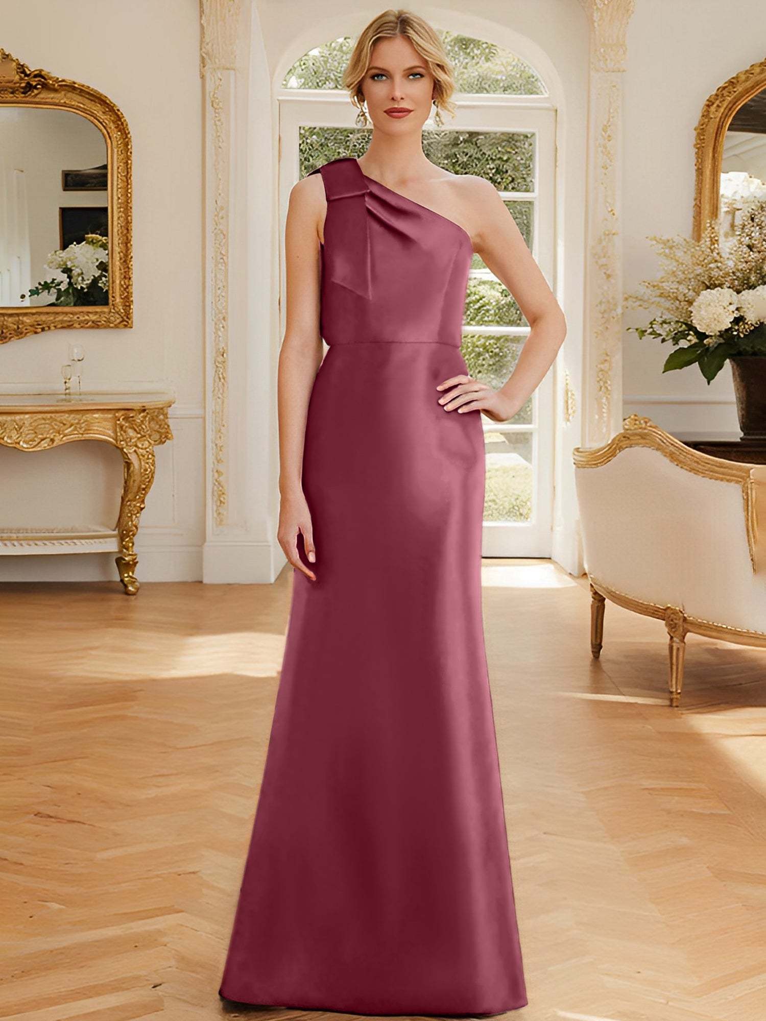 One-Shoulder Sleeveless Satin Mother of the Bride Dress with Bowknot Sheath/Column