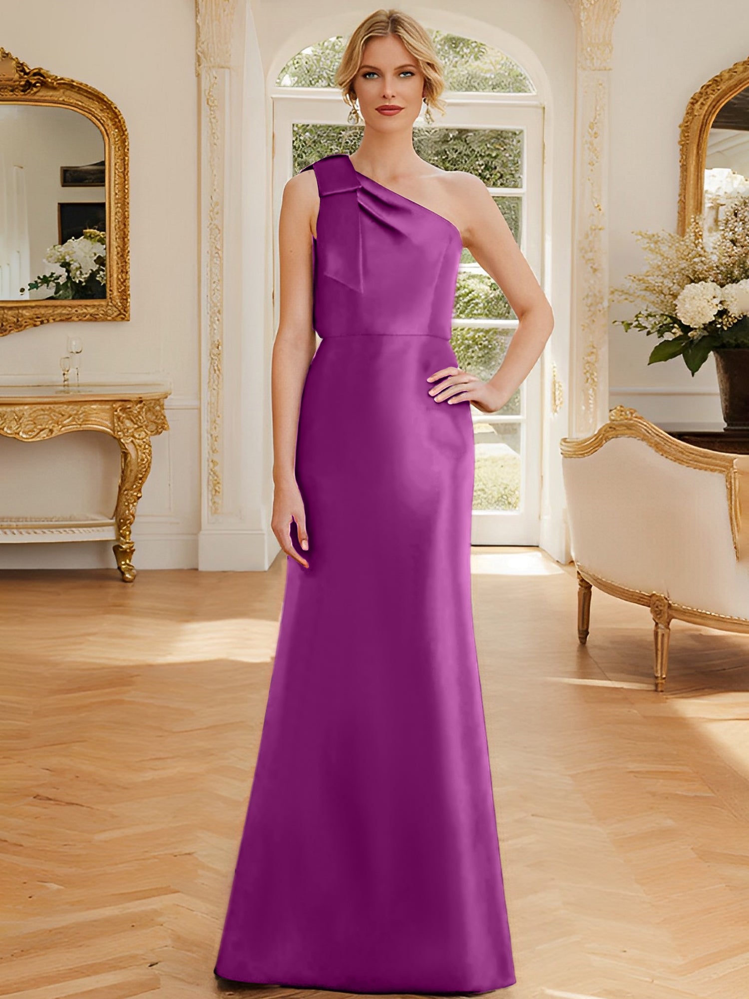 One-Shoulder Sleeveless Satin Mother of the Bride Dress with Bowknot Sheath/Column