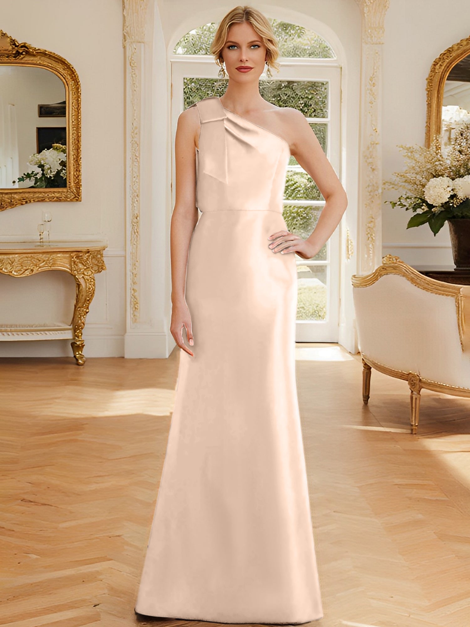One-Shoulder Sleeveless Satin Mother of the Bride Dress with Bowknot Sheath/Column