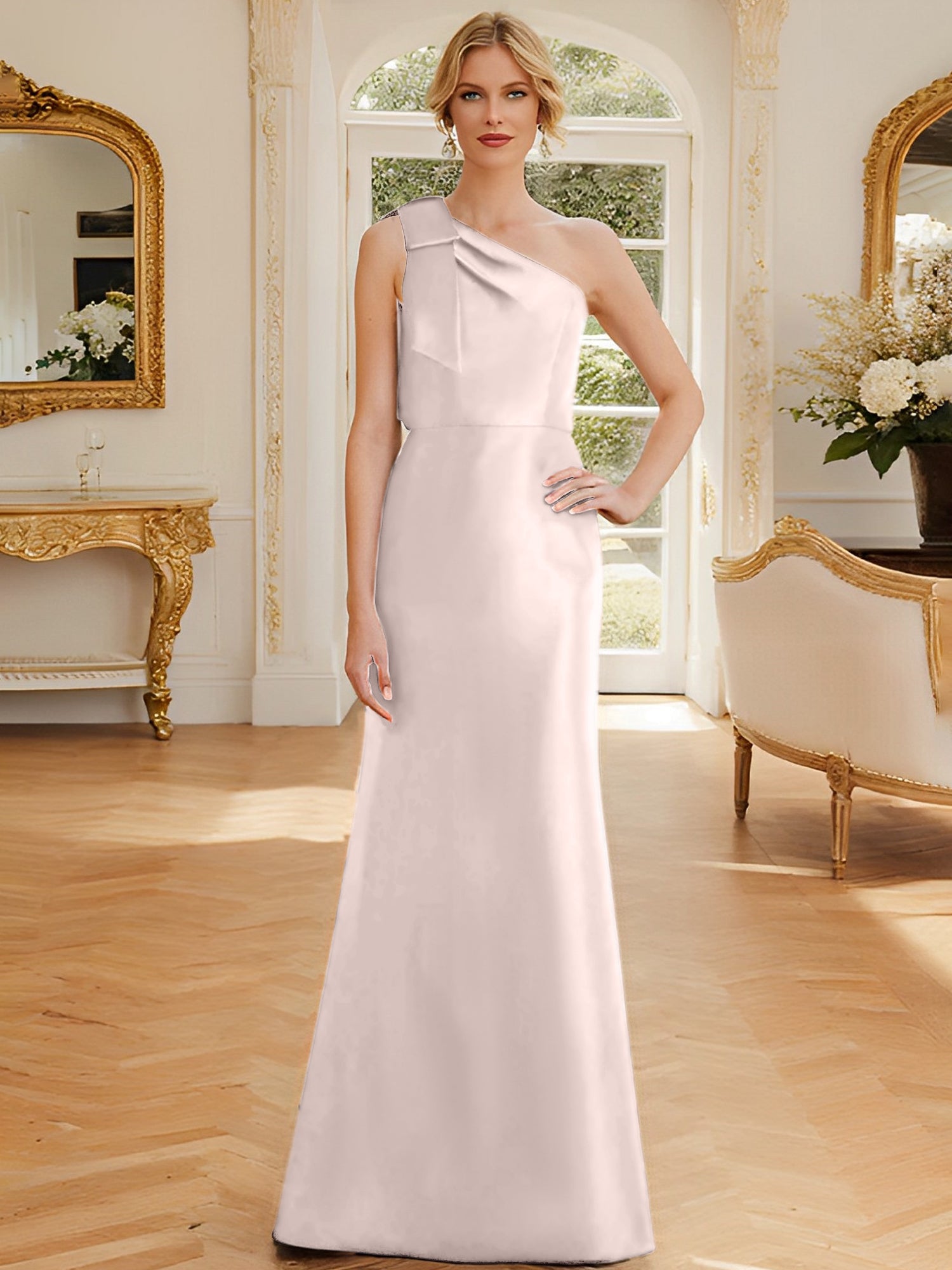 One-Shoulder Sleeveless Satin Mother of the Bride Dress with Bowknot Sheath/Column
