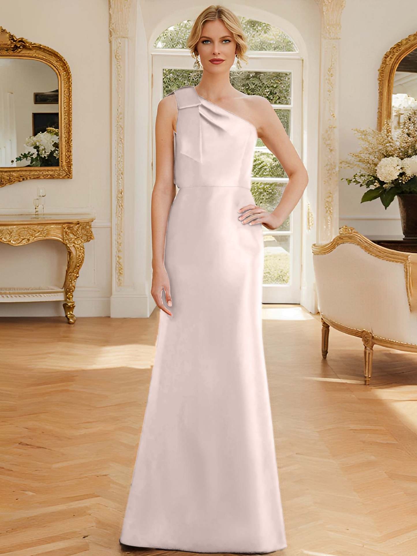 One-Shoulder Sleeveless Satin Mother of the Bride Dress with Bowknot Sheath/Column