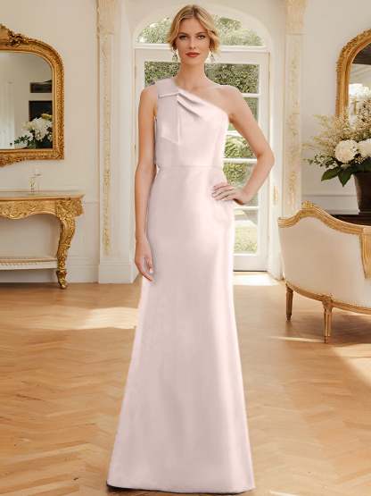 One-Shoulder Sleeveless Satin Mother of the Bride Dress with Bowknot Sheath/Column