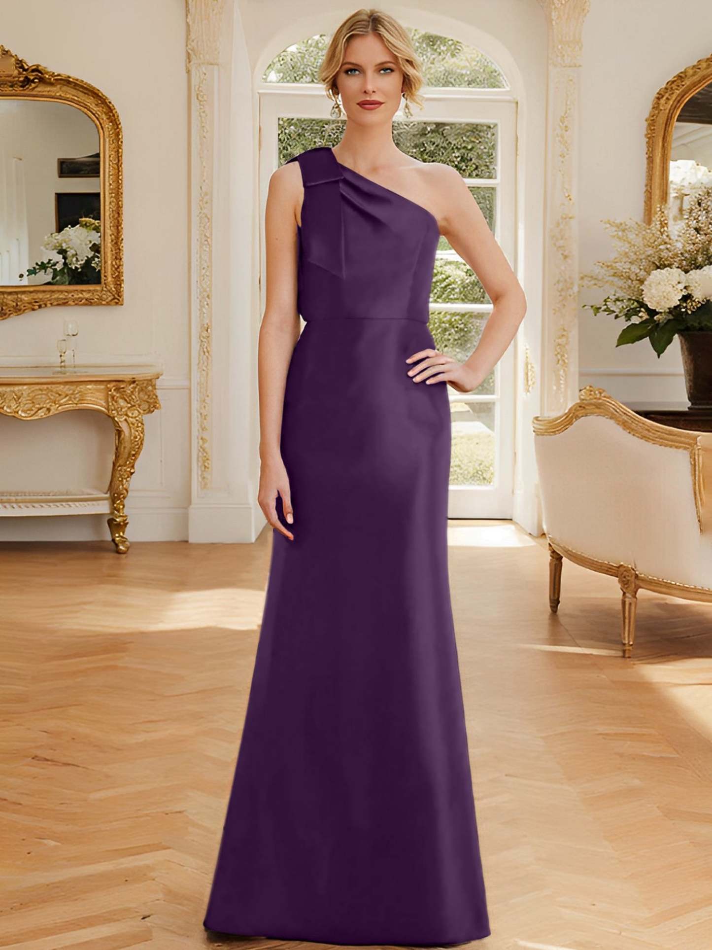 One-Shoulder Sleeveless Satin Mother of the Bride Dress with Bowknot Sheath/Column