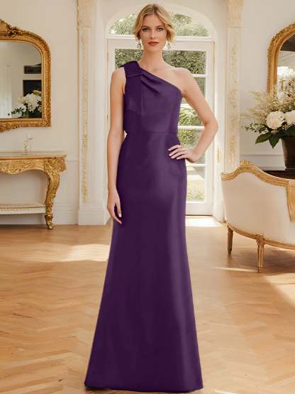 One-Shoulder Sleeveless Satin Mother of the Bride Dress with Bowknot Sheath/Column