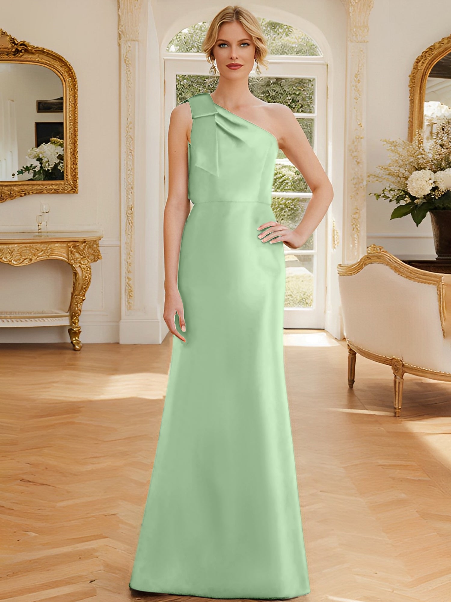 One-Shoulder Sleeveless Satin Mother of the Bride Dress with Bowknot Sheath/Column
