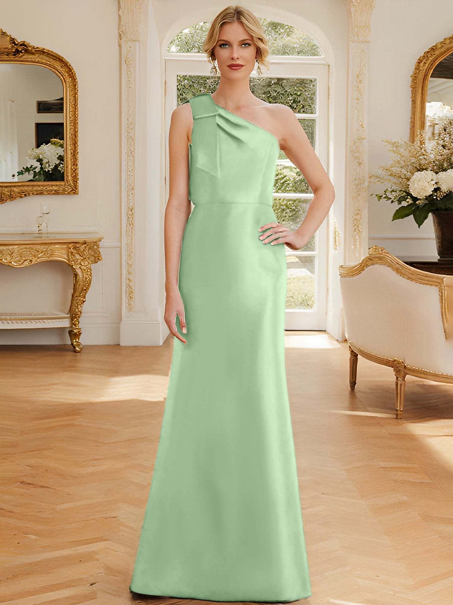 One-Shoulder Sleeveless Satin Mother of the Bride Dress with Bowknot Sheath/Column