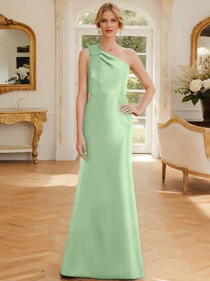 One-Shoulder Sleeveless Satin Mother of the Bride Dress with Bowknot Sheath/Column