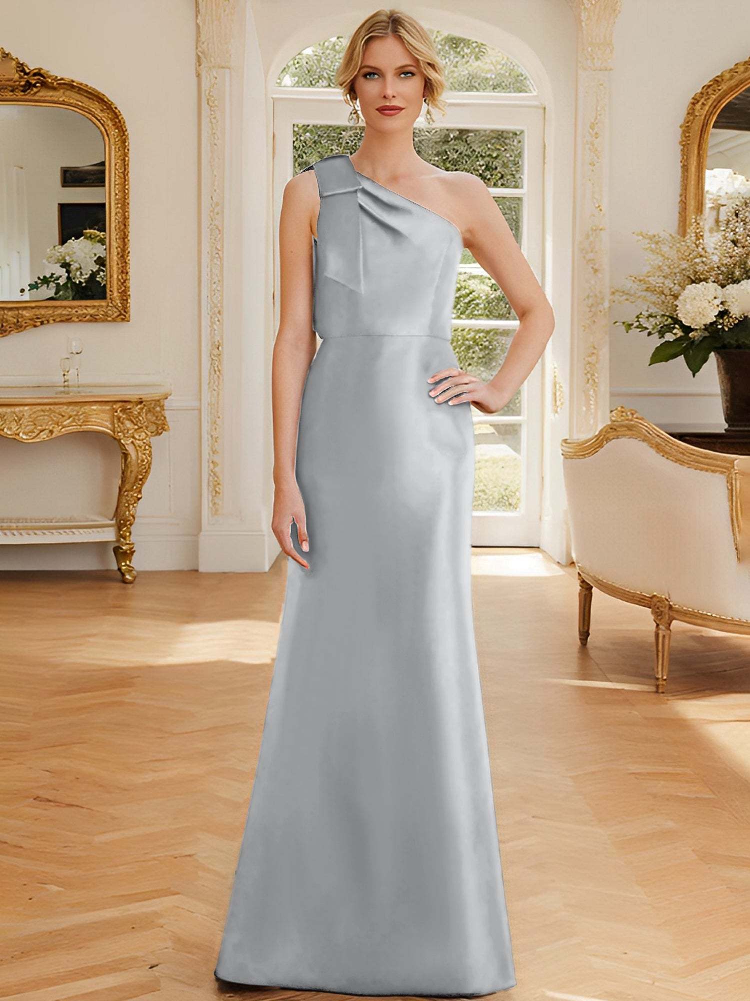 One-Shoulder Sleeveless Satin Mother of the Bride Dress with Bowknot Sheath/Column