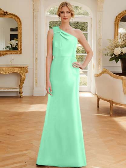 One-Shoulder Sleeveless Satin Mother of the Bride Dress with Bowknot Sheath/Column