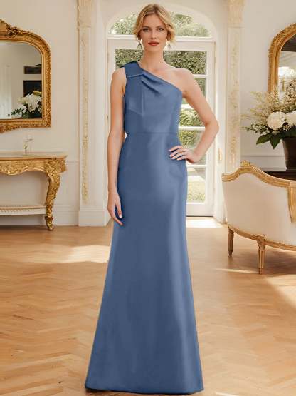 One-Shoulder Sleeveless Satin Mother of the Bride Dress with Bowknot Sheath/Column