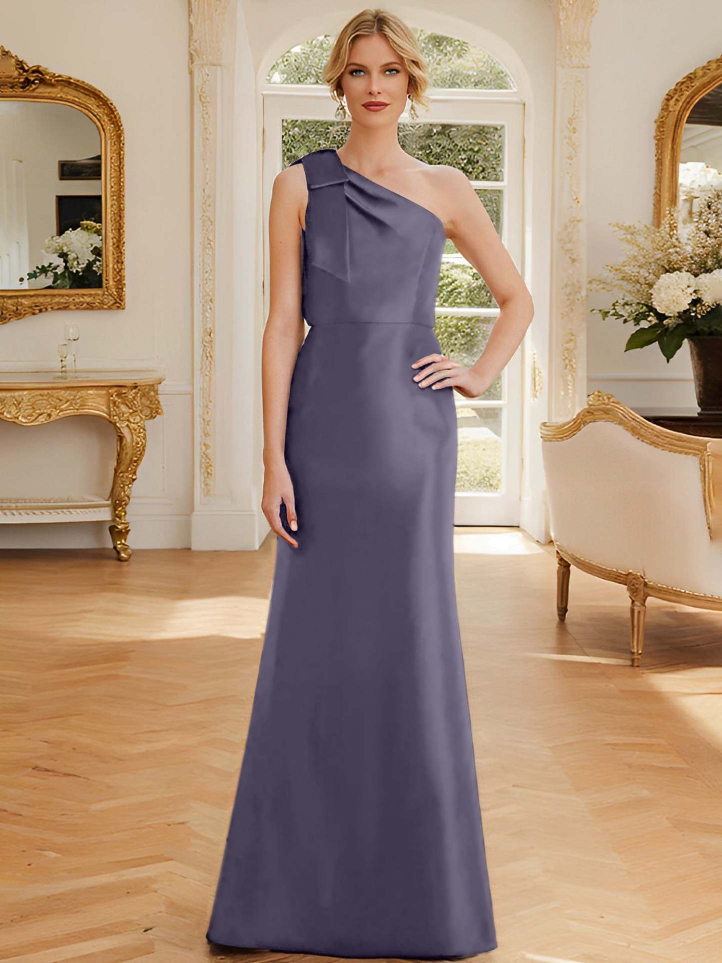 One-Shoulder Sleeveless Satin Mother of the Bride Dress with Bowknot Sheath/Column