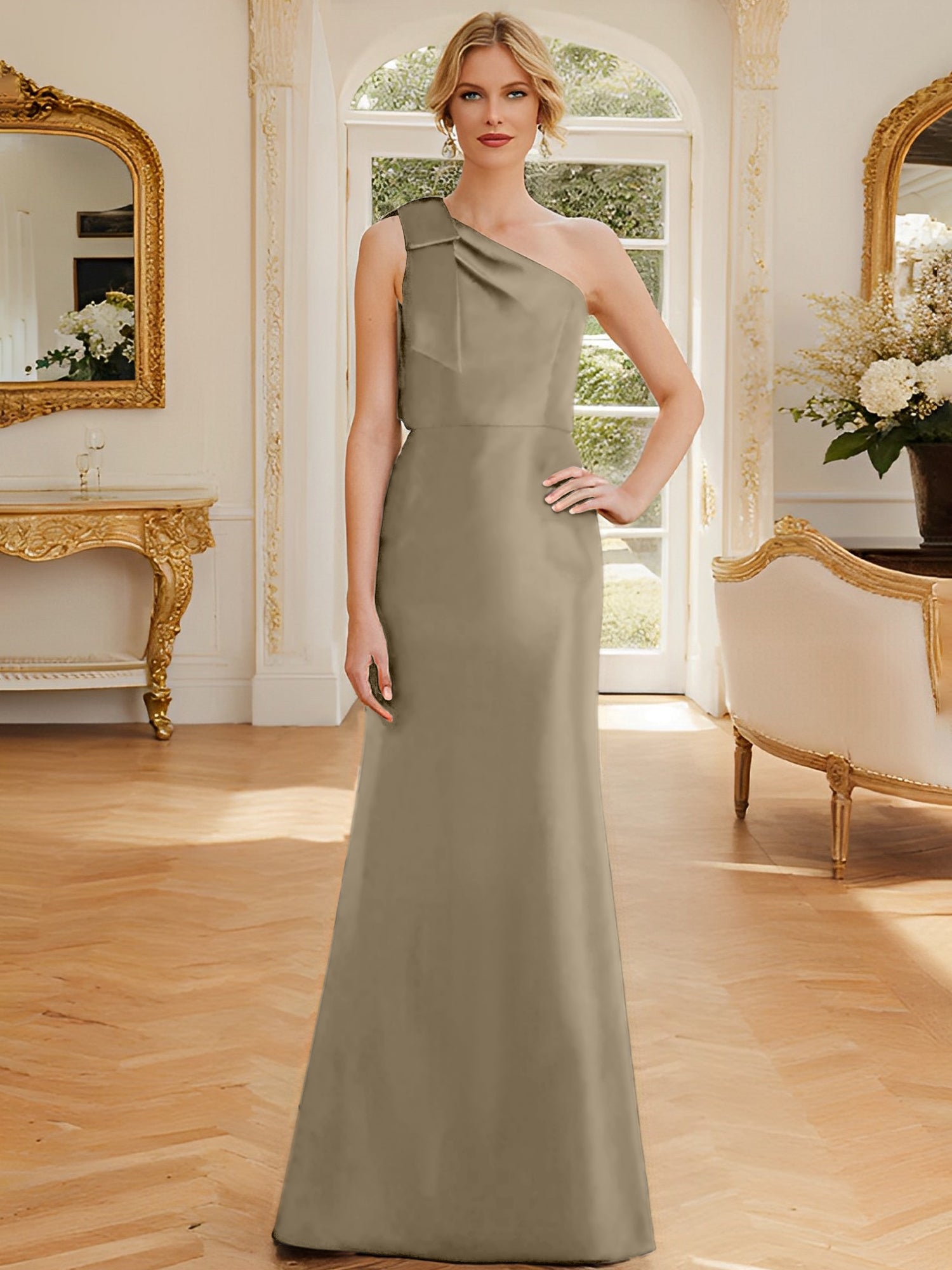 One-Shoulder Sleeveless Satin Mother of the Bride Dress with Bowknot Sheath/Column