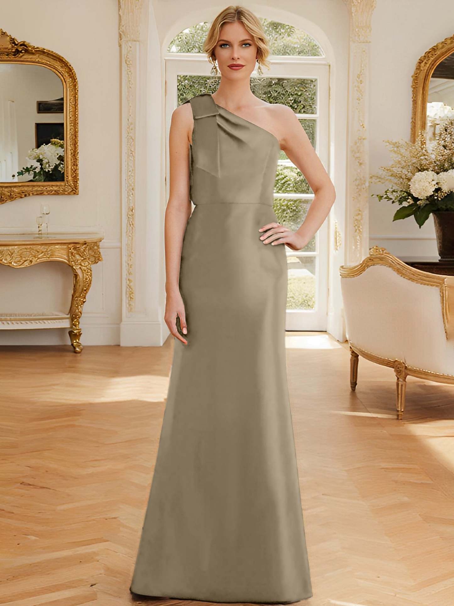 One-Shoulder Sleeveless Satin Mother of the Bride Dress with Bowknot Sheath/Column