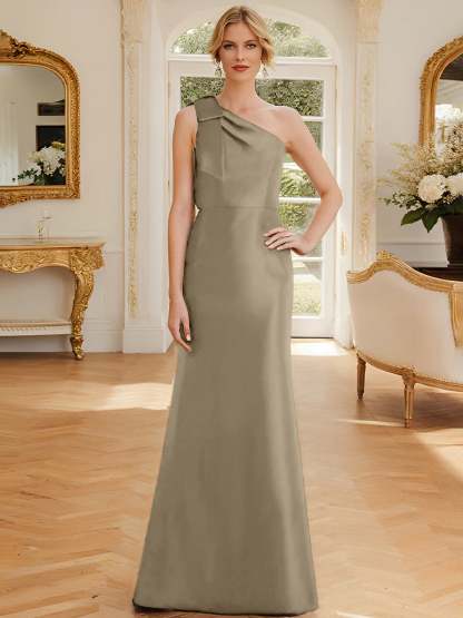 One-Shoulder Sleeveless Satin Mother of the Bride Dress with Bowknot Sheath/Column